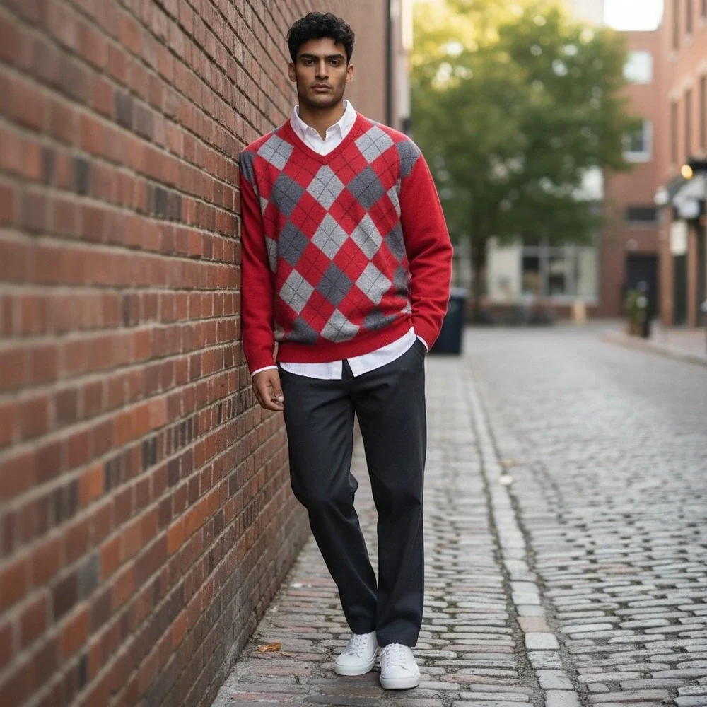 Jos A Bank Lambswool Blend Argyle Crewneck Sweater Mens‎ L Red LS Pullover Work